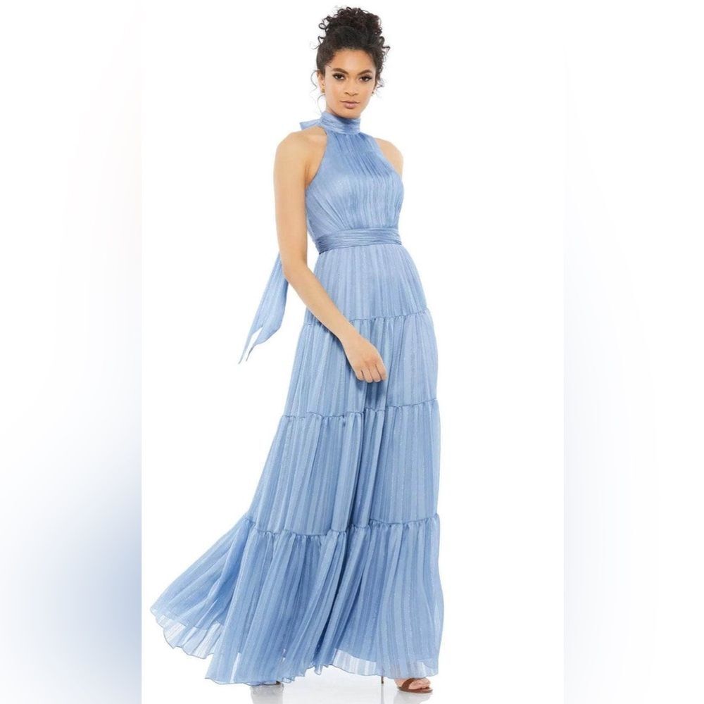 Mac Duggal Light Blue Halter Maxi Dress